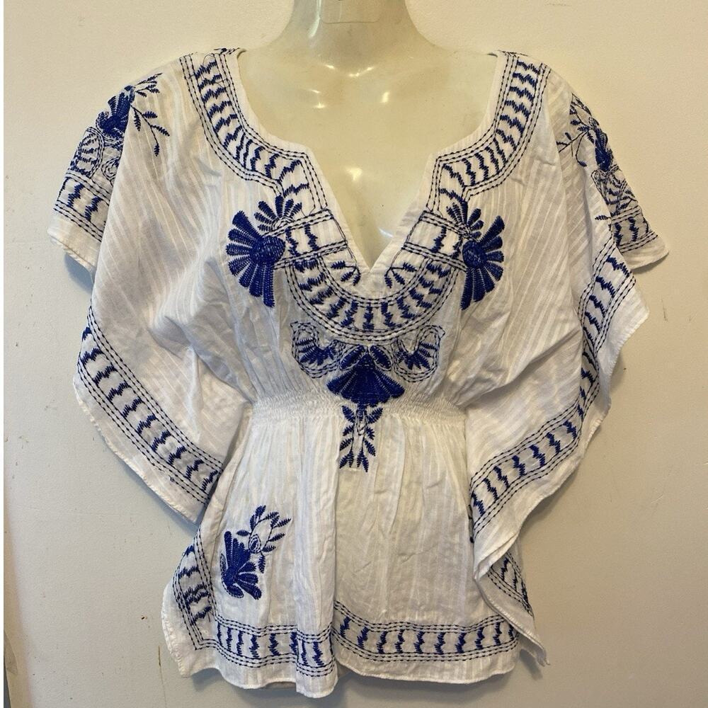 Y2K Uno Core Kimono Top Blouse White Blue Embroidered Coastal Beach Boho Women S